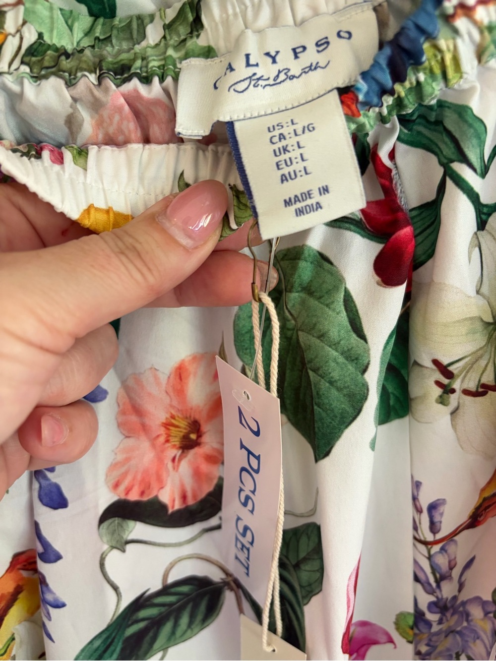 Calypso St Barth Floral/ Bird Print White Maxi Skirt and Puff Sleeve top Set - Picture 10 of 15